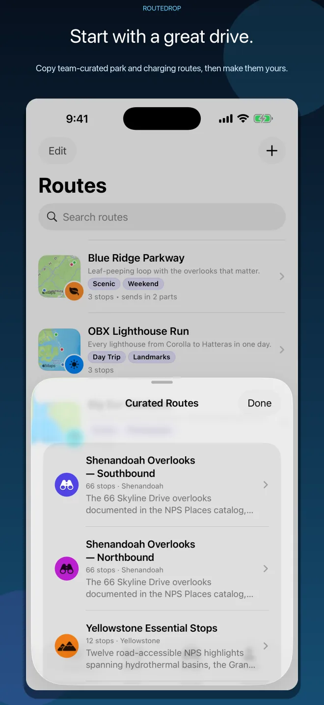 RouteDrop EV curated routes catalog with national park and scenic drives