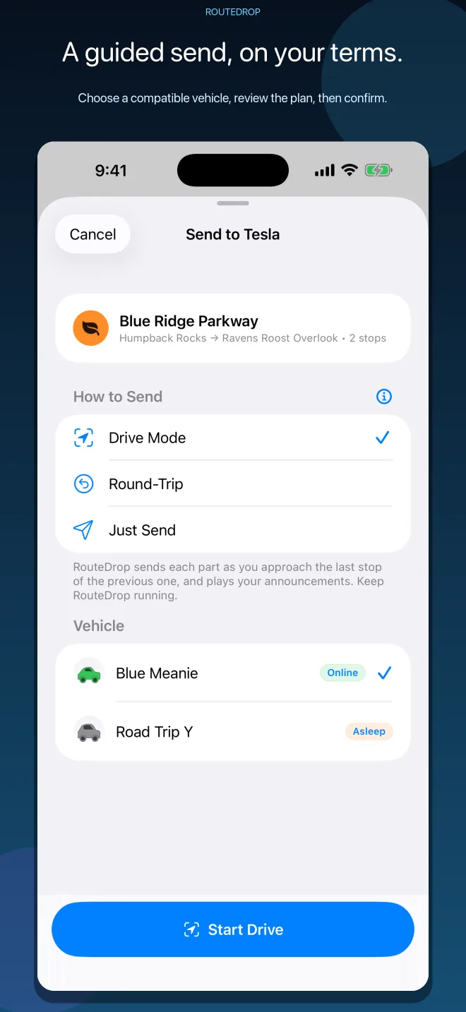 RouteDrop EV guided Send to Tesla sheet with drive modes and vehicle selection
