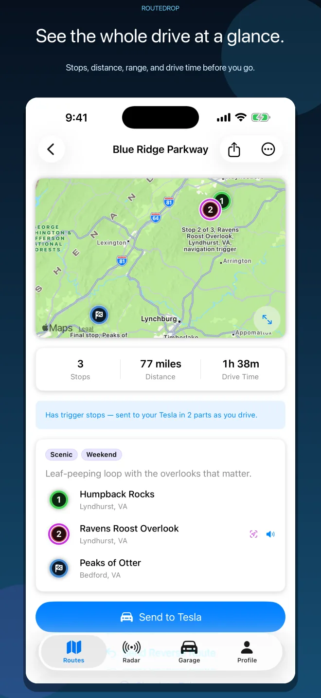 RouteDrop EV route details showing a route line, stops, estimates, and stop actions