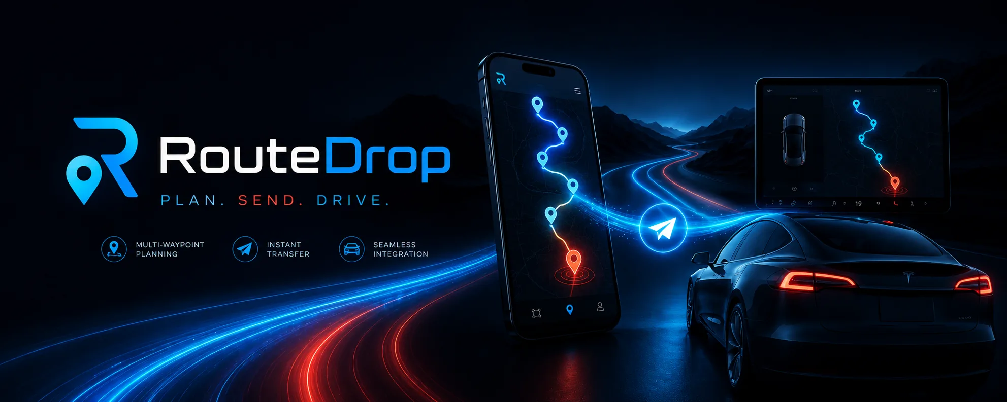 RouteDrop EV planning a multi-stop road trip across iPhone, iPad, and a compatible Tesla