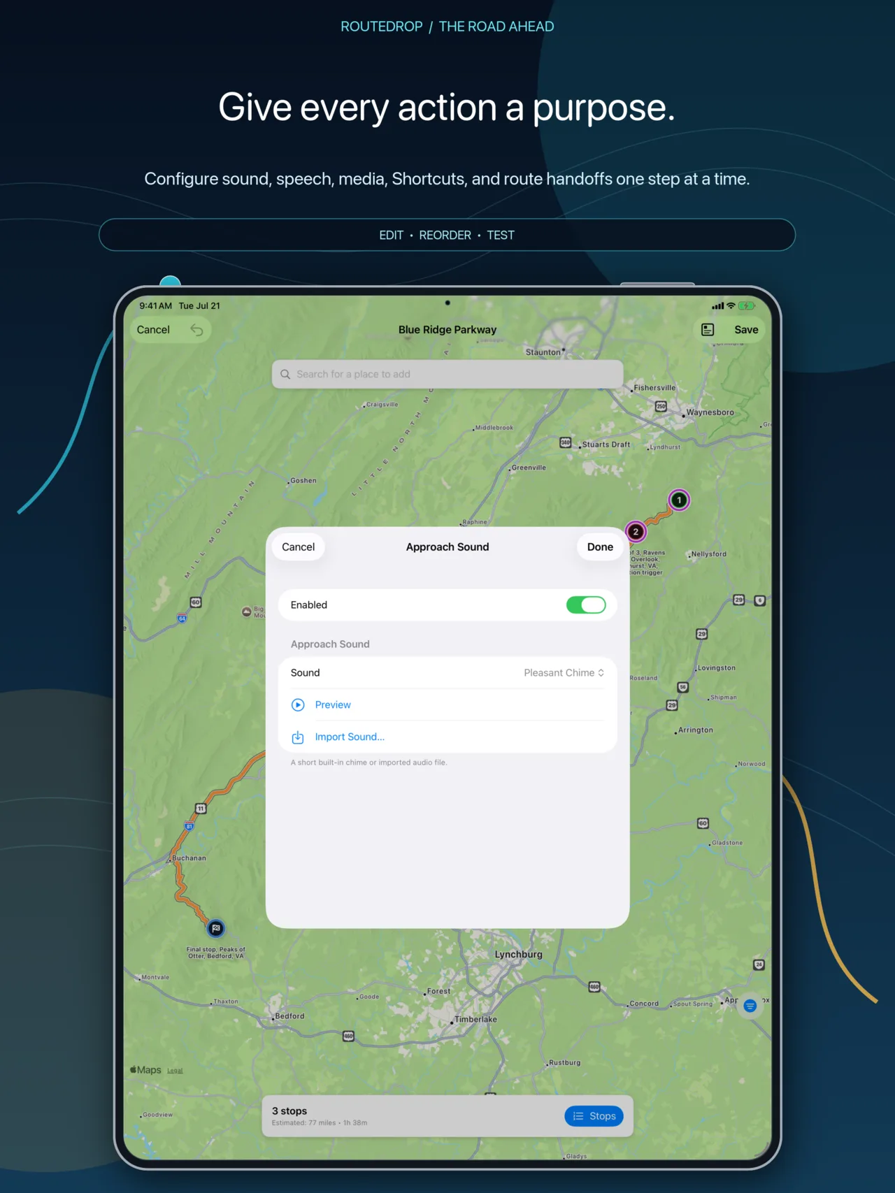 RouteDrop EV stop action editor on iPad