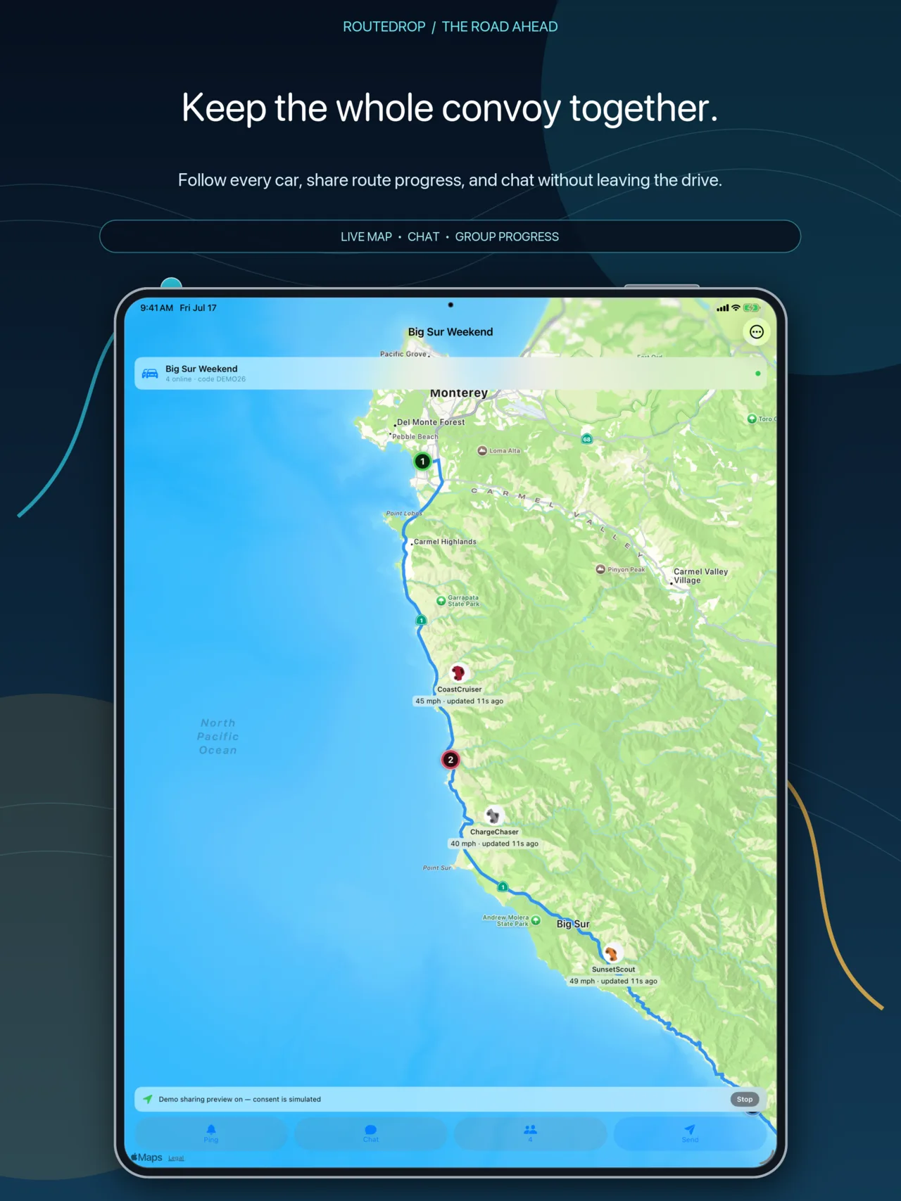 RouteDrop EV Convoy on iPad showing a routed line, moving vehicles, roster, quick pings, and text chat