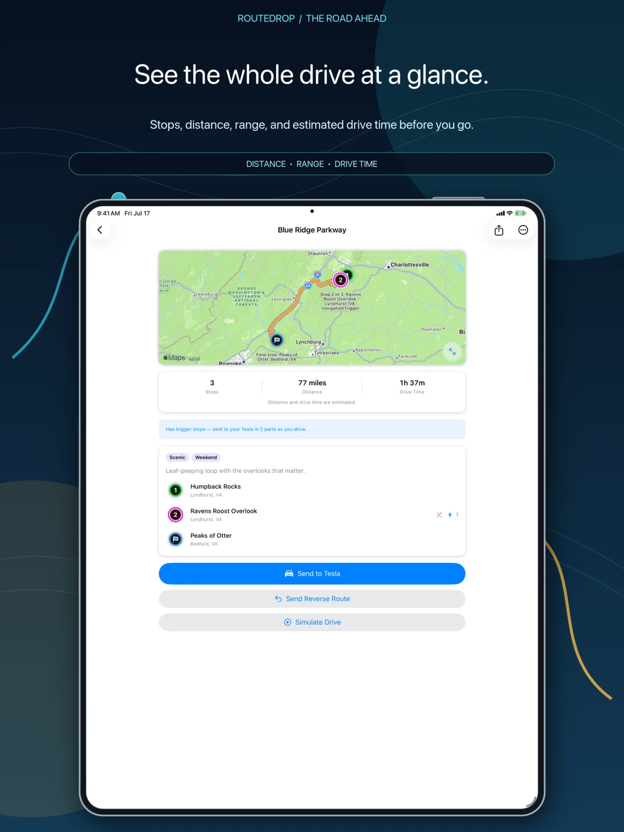 RouteDrop EV route details and routed map on iPad