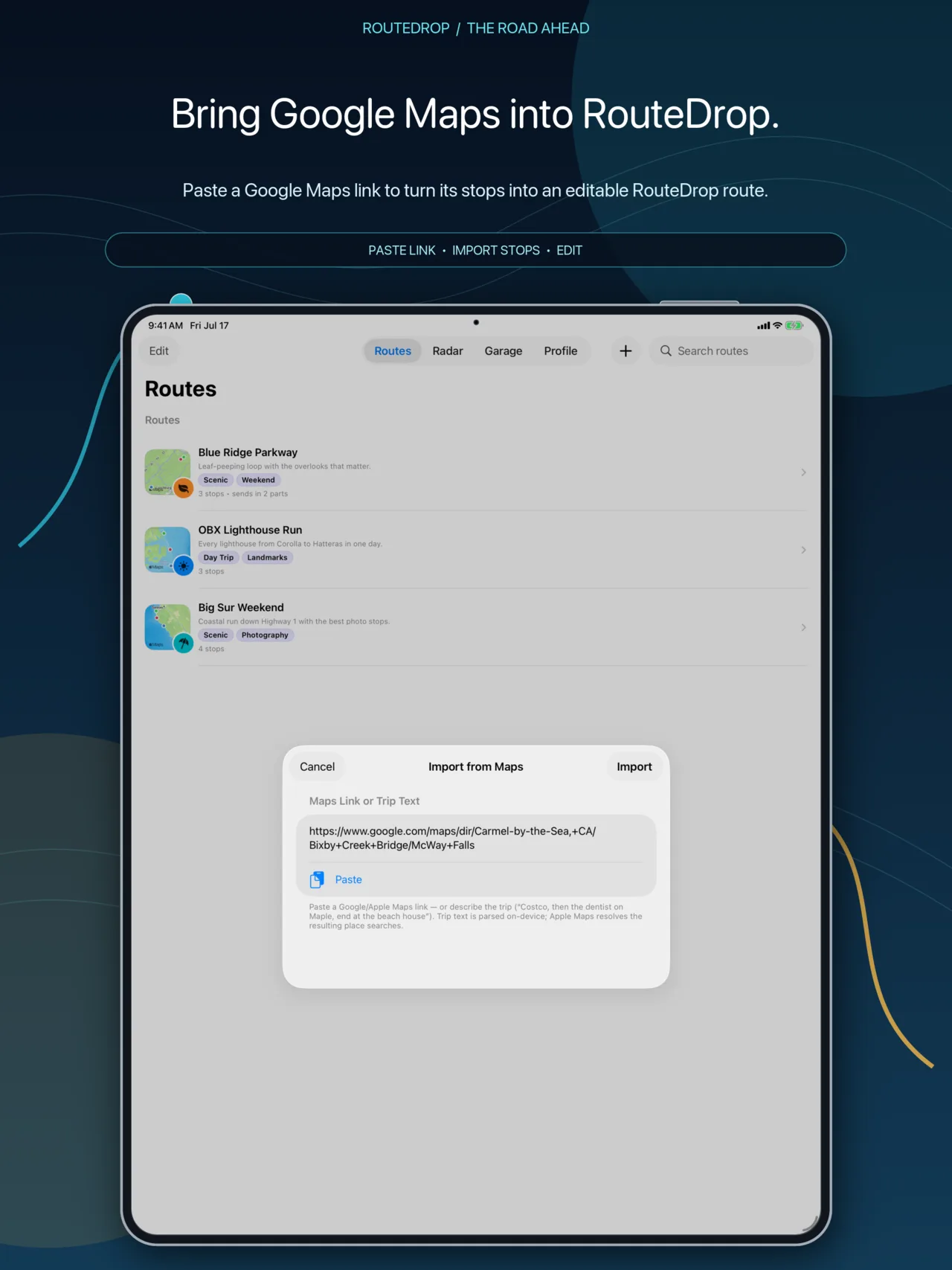 Importing a Google Maps multi-stop route into RouteDrop EV on iPad