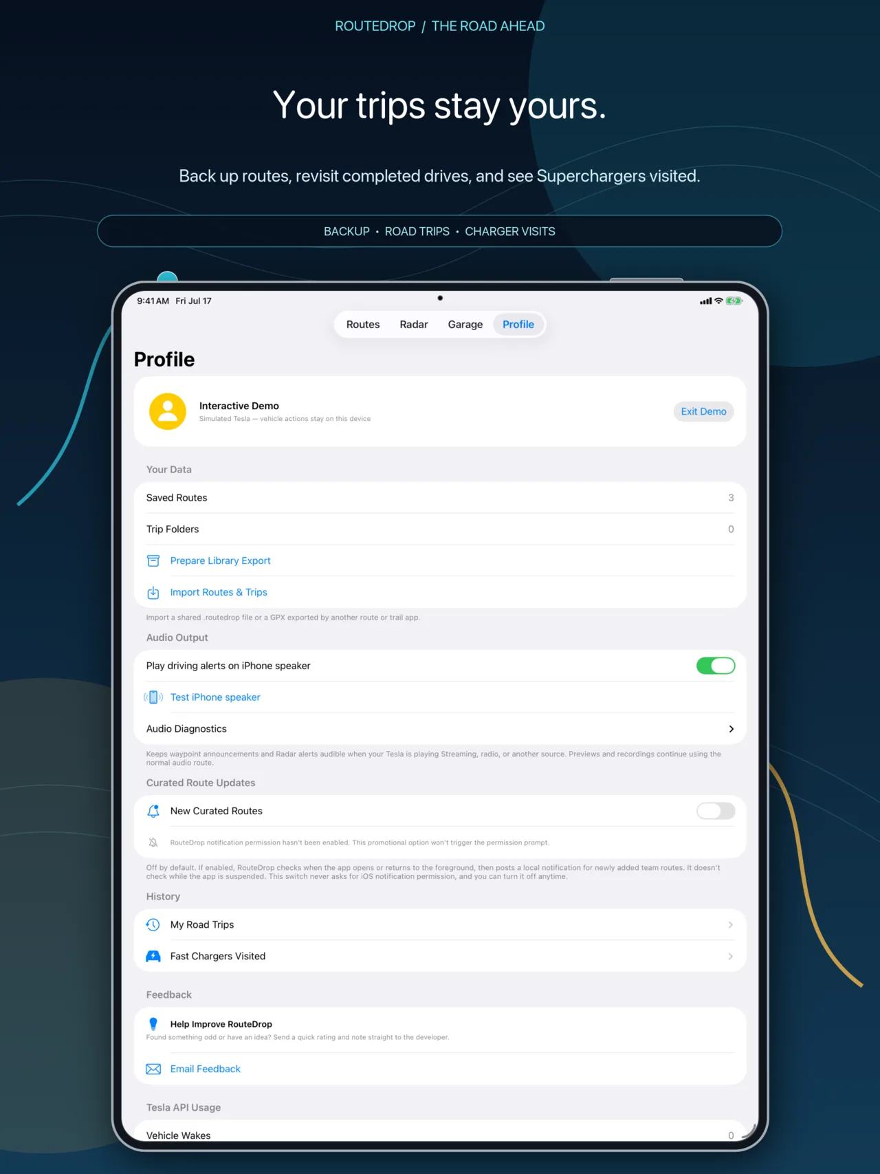 RouteDrop EV Profile on iPad with history, backup, usage, feedback, plans, and settings