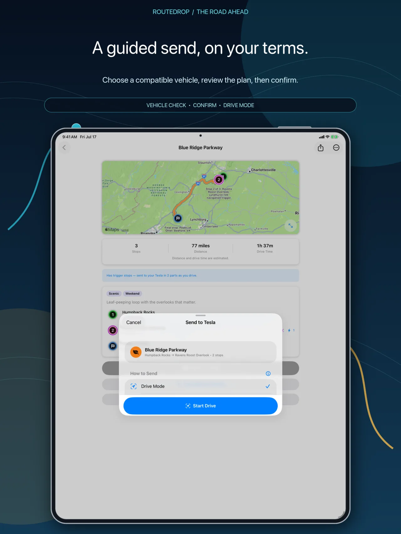 RouteDrop EV Send to Tesla sheet on iPad with vehicle and drive-mode choices