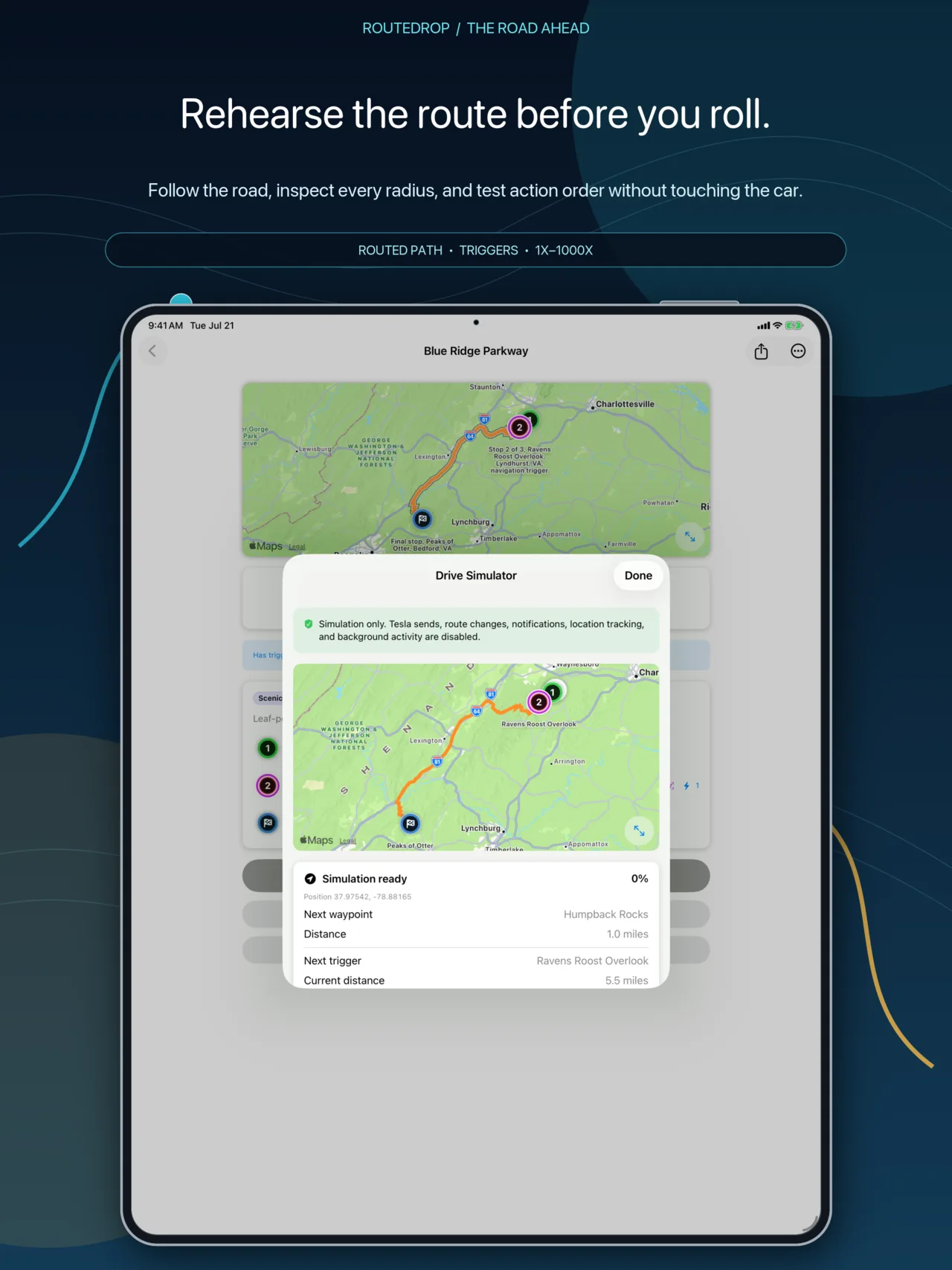 RouteDrop EV Drive Simulator on iPad with route, radius, controls, and simulation log