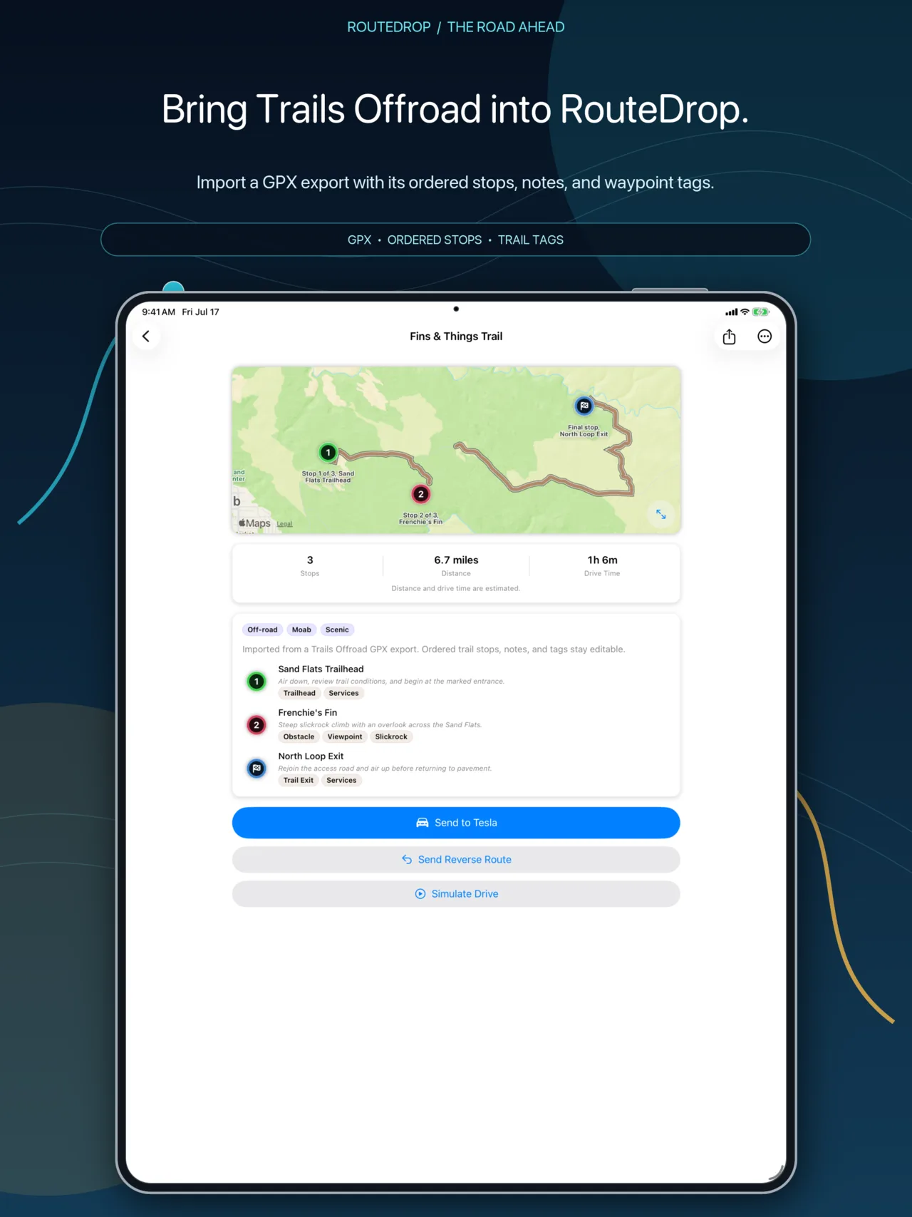 Importing a Trails Offroad GPX route into RouteDrop EV on iPad