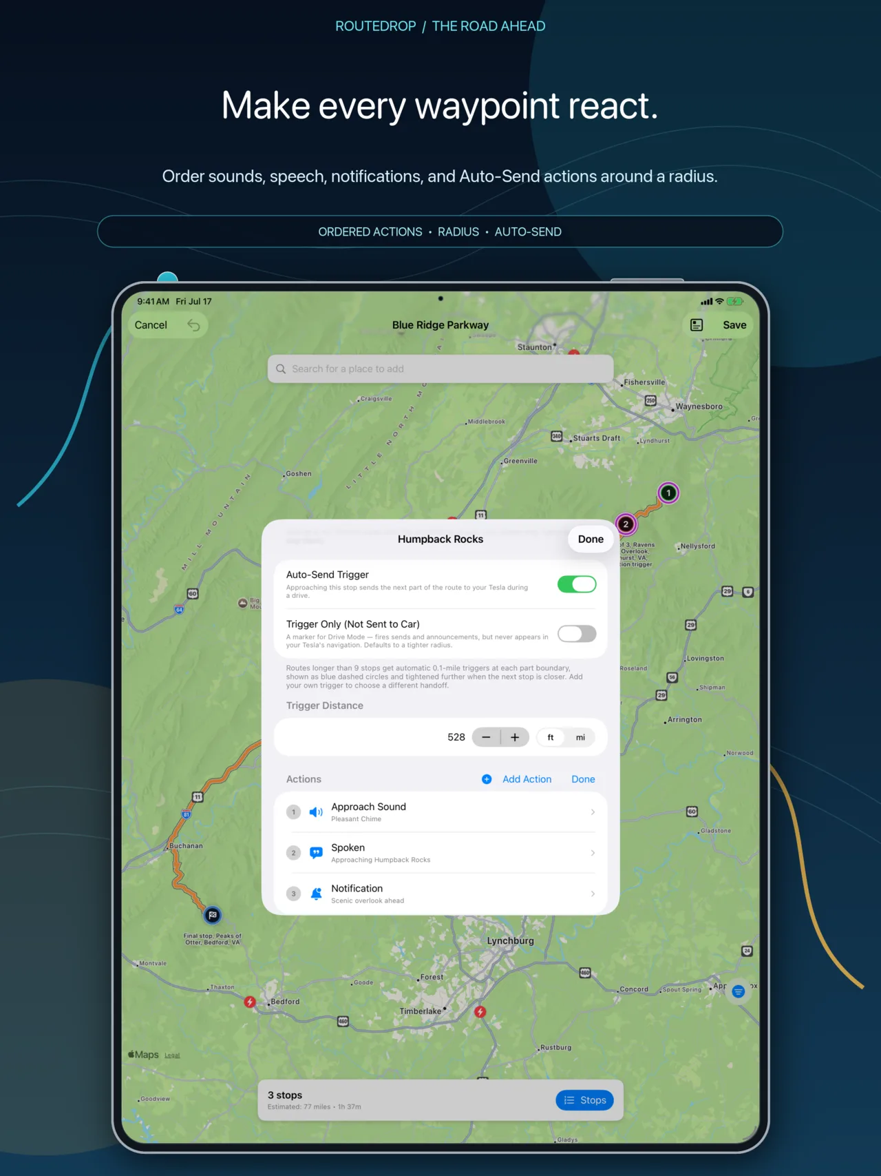 RouteDrop EV stop trigger editor on iPad with a radius drawn over the route