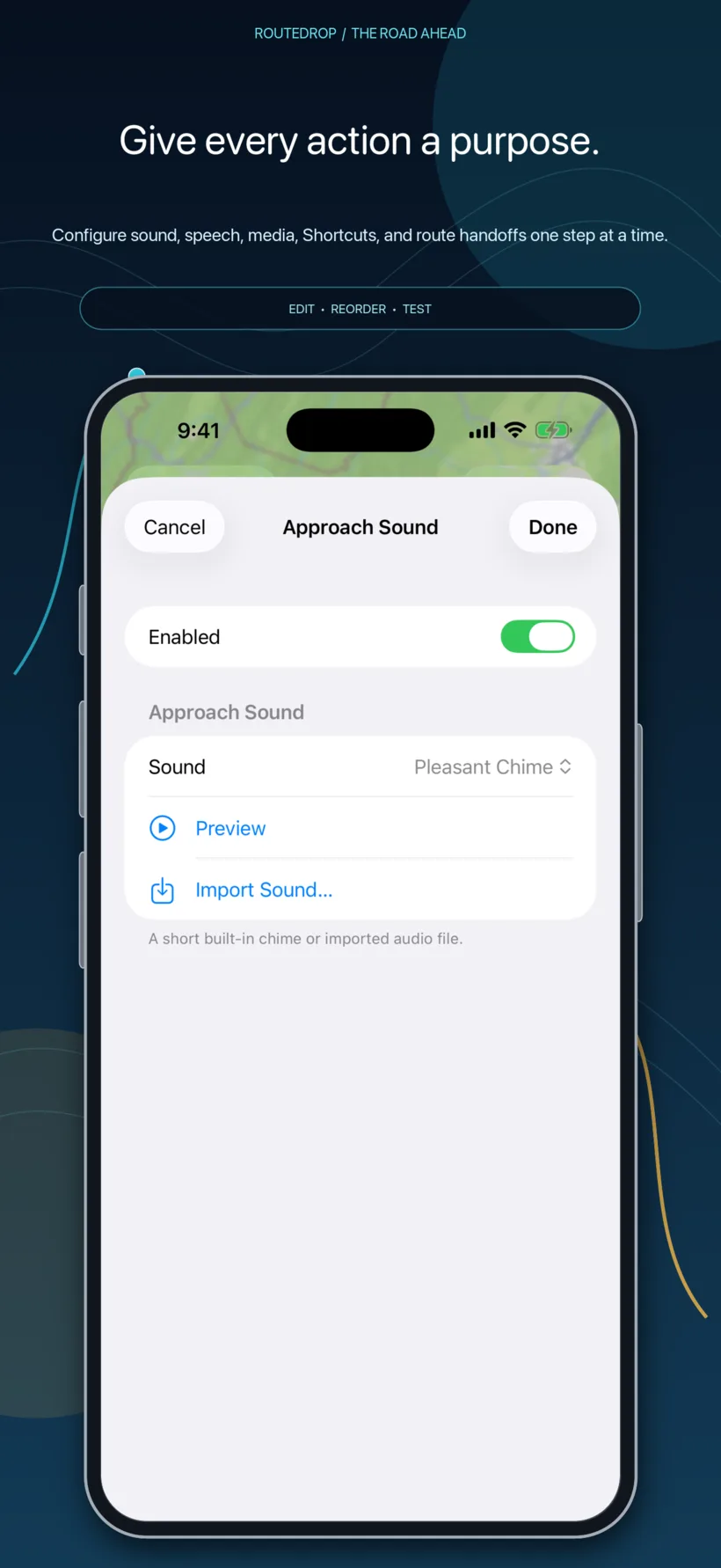 RouteDrop EV individual stop action editor on iPhone