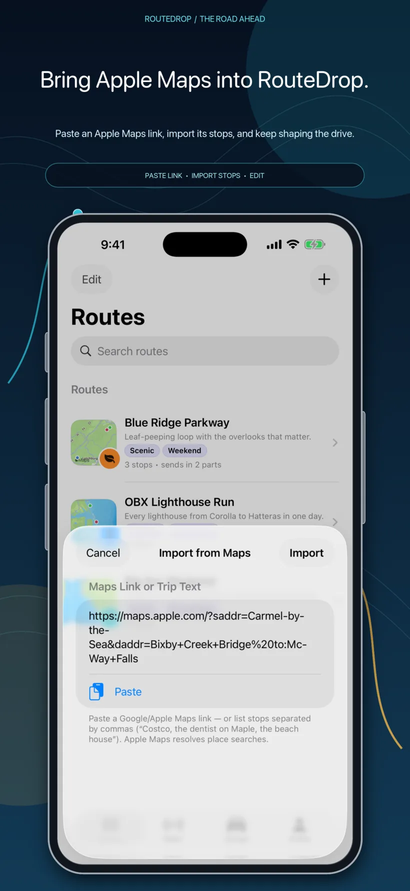 Importing an Apple Maps route into RouteDrop EV on iPhone