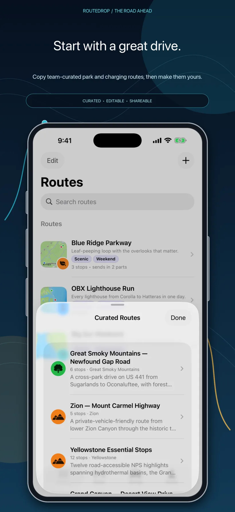 RouteDrop EV curated route catalog on iPhone with national park and scenic drives