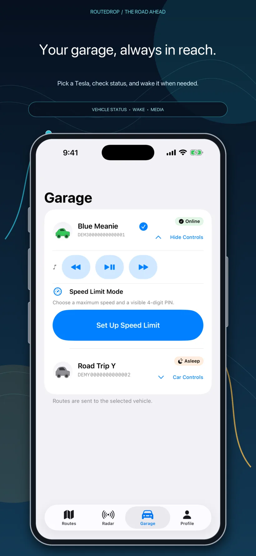 RouteDrop EV Tesla garage on iPhone with vehicle status, wake, and controls