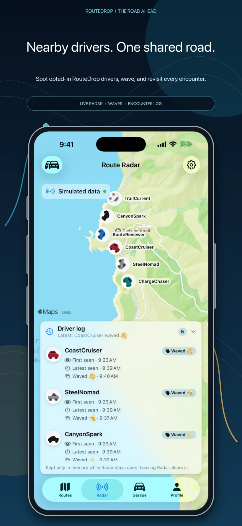 RouteDrop EV Route Radar on iPhone showing directional cars on nearby roads and Driver Log