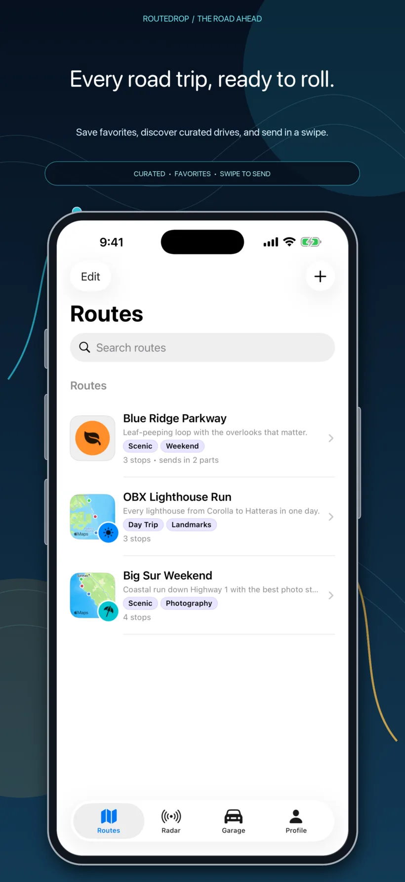 RouteDrop EV route library on iPhone with saved and curated drives