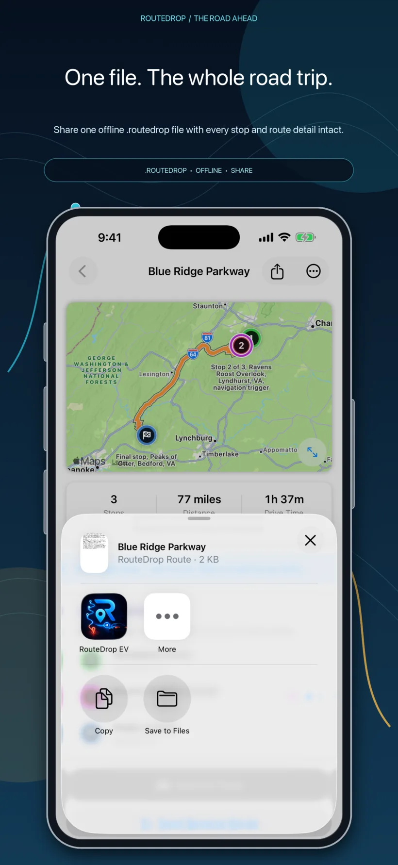 Sharing a complete offline RouteDrop EV route package from iPhone