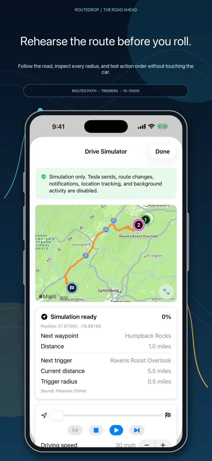 RouteDrop EV Drive Simulator on iPhone following a routed road with trigger radius