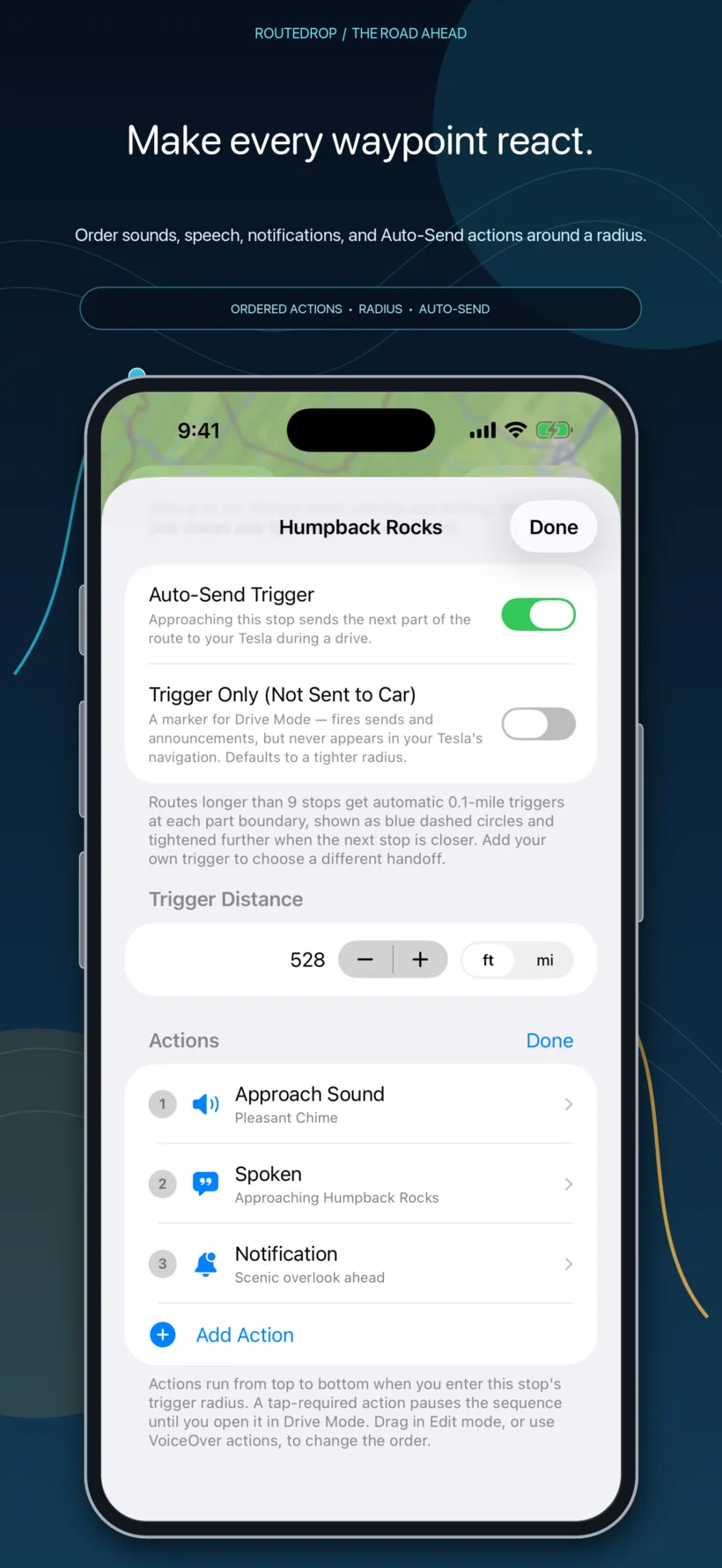 RouteDrop EV stop trigger radius and ordered action list on iPhone