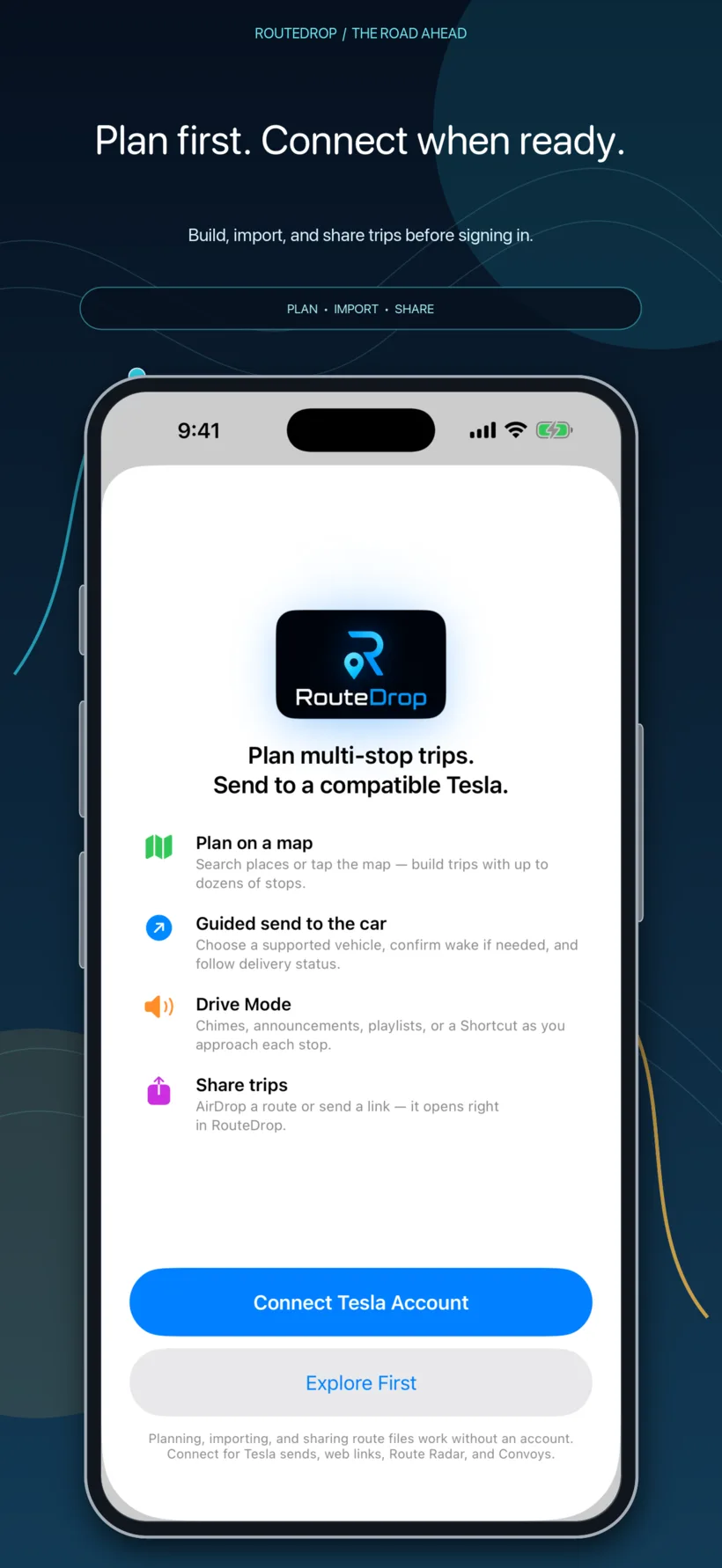 RouteDrop EV onboarding on iPhone explaining planning, importing, sharing, and optional Tesla connection